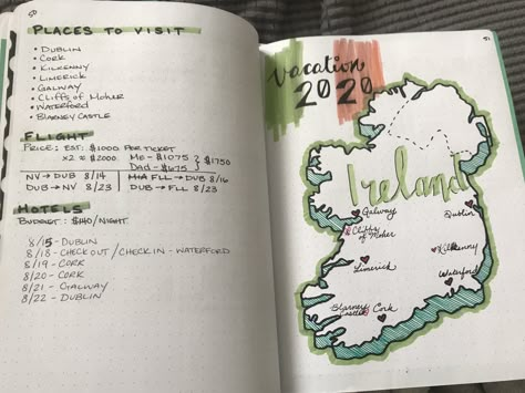 Ireland Travel Journal Ideas, Ireland Travel Journal, Travel Journal Title Page, Bullet Journal Voyage, Ireland Scrapbook, Travel Bullet Journal, Best Travel Journals, Travel Journal Cover, Bullet Journal Minimalist