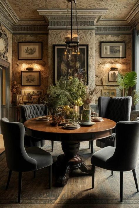 7 Essential Dark Academia Decor Tips to Transform Your Home - Sweet Magnoliaa Moody Historic Home, Dark Academia Dining Room Aesthetic, Dark Dining Room Aesthetic, Dark Academia Wedding Ideas, Dark Academia Ikea, Table For Two Aesthetic, Dining Room Dark Academia, Dark Academia Dining Table, Dining Room And Living Room Together