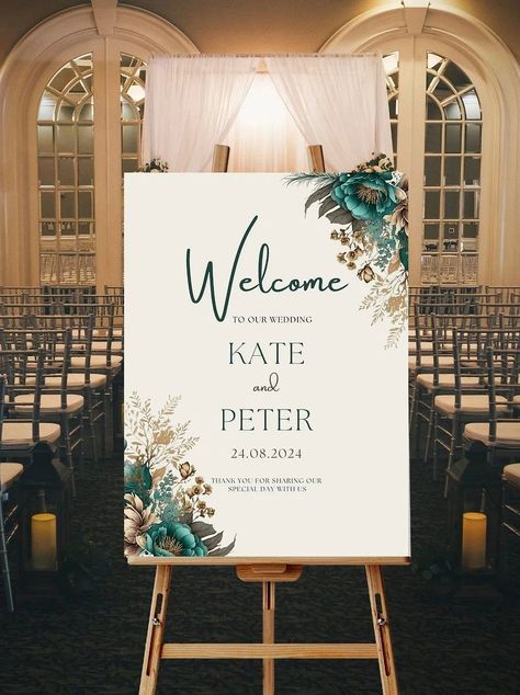 Warmly great your guests with this teal and gold welcome sign printable. Featuring a lovely floral design, you need only personalized with your names and the date of your wedding and print from home or printer nearby. Teal Green And Gold Wedding, Teal Gold Wedding, Teal And Gold Wedding, Glass Wedding Card Box, Gold Wedding Welcome Sign, Gold Welcome Sign, Pillar Candle Centerpieces, Hunter Green Wedding, Glitter Wine Bottles