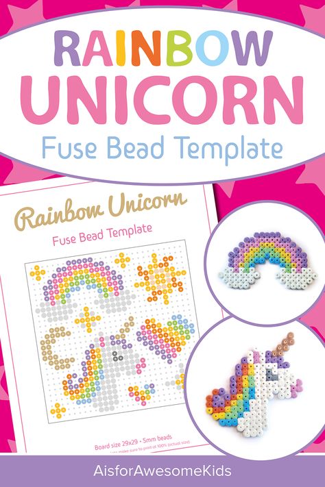 Create your own magical unicorn masterpiece with this fuse bead unicorn template! Sized perfectly to fit under a square peg board, simply follow the pattern and place the beads onto a pegboard to bring your unicorn to life! The unicorn template is designed to be used with popular fuse bead brands like Perler, Hama, Nabbi or Pyssla beads. Designs include: Unicorn head with rainbow mane, a rainbow, sun, moon, 2x rainbow hearts, and a selection of stars. Unique Activities For Kids, Bead Unicorn, Perler Bead Crafts, Unicorn Template, Rainbow Craft, Unicorn Crafts, Perler Bead Templates, Hama Perler, Rainbow Crafts