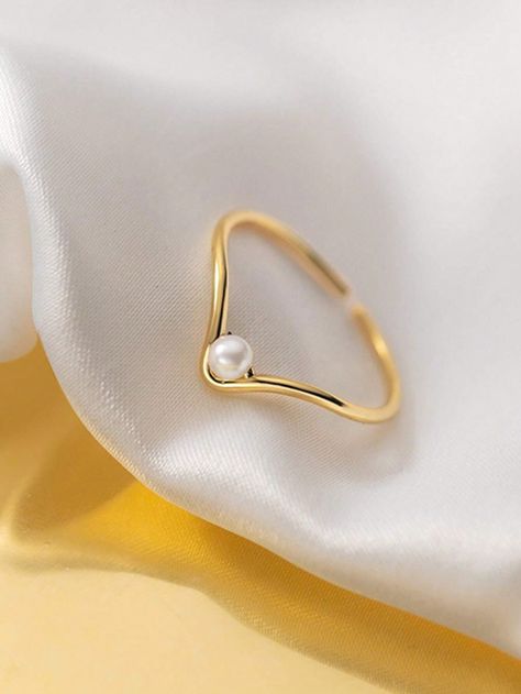 1pc Elegant V-Shaped Faux Pearl Ring, Made Of Pure Copper Won't Rust, Suitable For Women High-End And Minimalist Style Gold,Silver Fashionable   Copper     Women Fashion Jewelry, size features are:Bust: ,Length: ,Sleeve Length: Lifetime Jewelry, Simple Ring Design, Pearl Ring Design, Couple Ring Design, Future Engagement Rings, Gold Rings Simple, Dainty Gold Rings, Gold Rings Jewelry, Gold Ring Designs