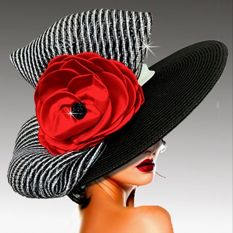 Stunning Black And White Striped Wide Brim Red Flower Hat, Perfect For The Kentucky Derby, Church Events, Or Tea Parties. This Gorgeous, Timeless, Sophisticated Couture Hat Is Designed To Turn Heads And Make A Statement, Adding A Touch Of Glamour And Elegance To Any Ensemble. Classic Tradition With A Modern Twist, This Work Of Art Is The Epitome Of Grace And Sophistication! Kentucky Derby Style, Stylish Womens Hats, Special Occasion Hats, Classy Hats, Tea Hats, Derby Outfits, Occasion Hats, Couture Hats, Mode Turban