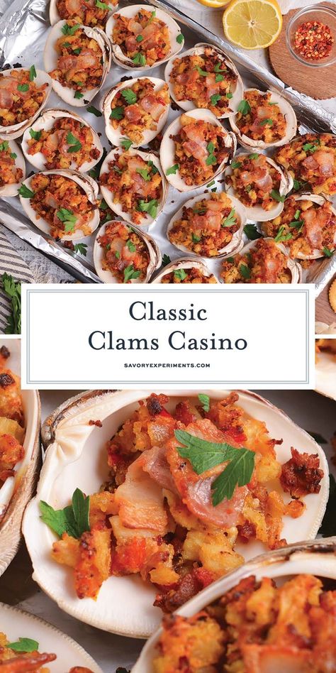 This classic Clams Casino recipe combines clams, crispy bacon, a buttery stuffing, and bright bell peppers for a crowd-pleasing appetizer! Clams Casino Recipe, Clams Casino, Lobster Dishes, Delicious Seafood Recipes, Crowd Pleasing Appetizers, Clam Bake, Easy Seafood Recipes, Amazing Appetizers, Savory Appetizer