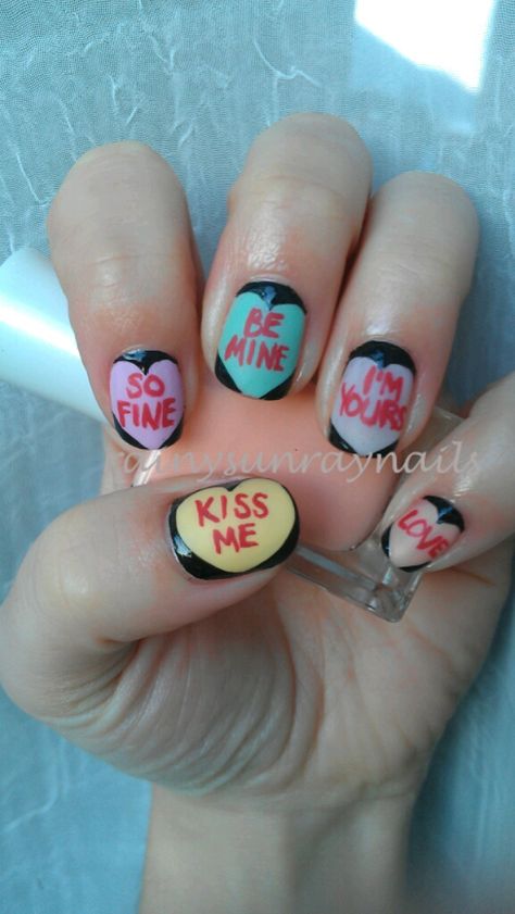 rainysunraynails: Conversation Hearts Nail Art #conversationhearts #valentinesnailart #vdaynailart #nailart #heartcandynailart #heartcandy #hearts #heartnailart #valentinesmanicure Anti Valentines Nails Designs, Dark Valentine’s Day Nails, Cute Valentines Nail Ideas, Hate Valentines Day Nails, Non Traditional Valentines Day Nails, Anti Valentines Day Nails Acrylic, Goth Valentine Nails, Punk Valentines Nails, Anti Vday Nails