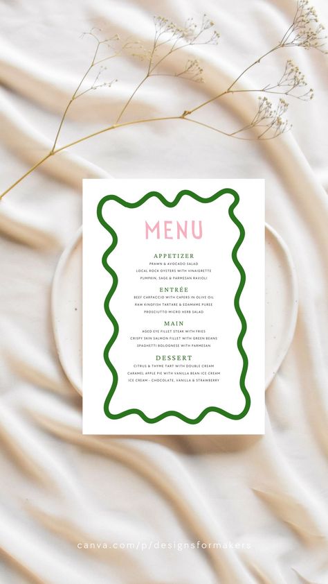 Green Pink Trendy Scalloped Wavy Dinner Party Menu Trendy Menu Design, Pink And Green Dinner Party, Dinner Party Menu Design, Dinner Party Menu Template, Party Menu Template, Modern Branding Design, Modern Table Setting, Etsy Shop Branding, Ed Design