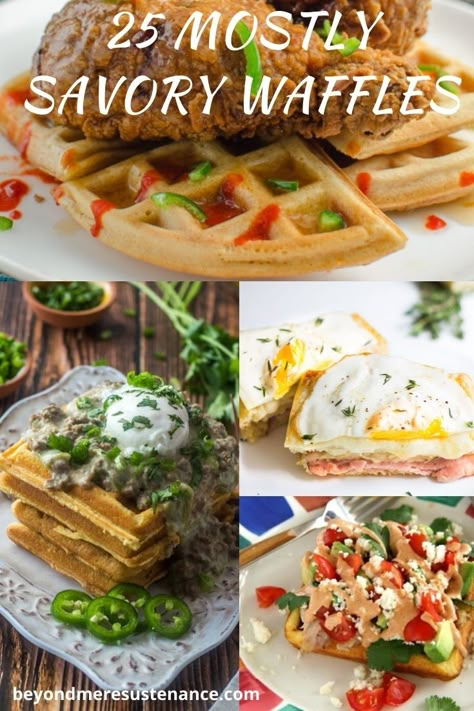 25 Mostly Savory Waffles - A collection of mostly savory (and a few sweet) waffles to amp up meal time! Waffles aren't just for breakfast! #waffleday #savorywafflerecipes #wafflerecipes #savorybreakfastrecipes #breakfastfordinner #uniquewaffles #vegetarianwaffles #dessertwaffles #dinnerwaffles  #savorywafflerecipes Lunch Waffle Ideas, Cool Waffle Ideas, Gourmet Waffle Ideas, Waffle Savory Recipe, Waffle Maker Dinner Recipes, Different Waffle Ideas, Vegan Waffle Maker Recipes, Waffle Dinner Recipes, Savory Waffle Sandwich