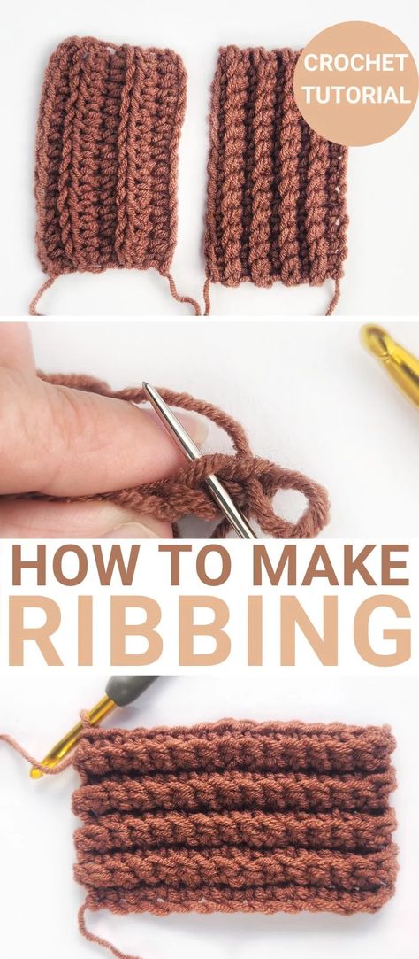 How to make ribbing in crochet Half Double Crochet Ribbing, Easy Crochet Ribbing, Ribbed Single Crochet, How To Do Ribbed Crochet, How To Make Ribbing In Crochet, Adding Ribbing To Crochet, How To Crochet Ribbed Cuffs, How To Crochet Stretchy Ribbing, How To Crochet A Waistband