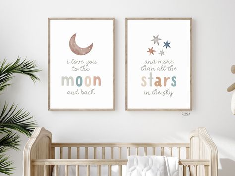 I Love You to the Moon and Back and More Than All the Stars, Nursery Prints Boho, Gender Neutral Nursery Wall Decor, Kids Wall Art Printable - Etsy.de Love You To The Moon Nursery, To The Moon And Back Nursery Theme, I Love You To The Moon And Back Nursery, Love You To The Moon And Back Nursery, To The Moon And Back Nursery, Quotes For Nursery Wall, Love You To The Moon And Back, Work Office Decor Ideas, Stars Nursery