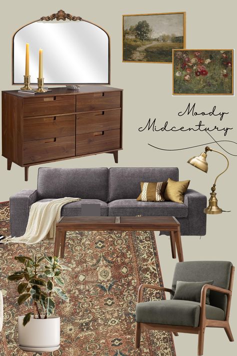 Living Room Vision Board, Room Vision Board, Midcentury Living Room, Midcentury Living, Moody Living Room, Vintage Living Room, Apartment Inspiration, Living Room Inspo, Living Room Style