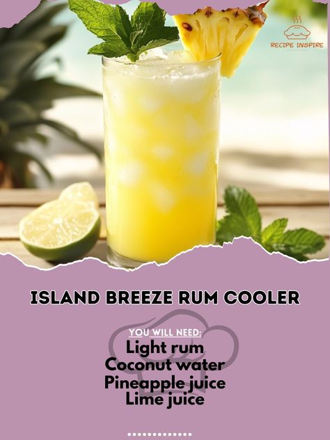 🍹🌊 Cool off with Island Breeze Rum Cooler—a refreshing escape in every sip! 🍍🥥 #IslandBreezeRumCooler #SummerVibes Island Breeze Rum Cooler Ingredients: Light rum (1 1/2 oz) Coconut water (3 oz) Pineapple juice (2 oz) Lime juice (1/2 oz) Ice cubes (as needed) Mint leaves (for garnish) Pineapple wedge (for garnish) Instructions: Shake light rum, coconut water, pineapple juice, and lime juice with ice. Pour into a glass filled with ice. Garnish with mint leaves and a pineapple wedge. 🌴🍹 Let... Island Breeze, Yummy Alcoholic Drinks, Light Rum, Alcohol Drink Recipes, Drink Up, Bar Ideas, Pineapple Juice, Mint Leaves, Ice Cubes