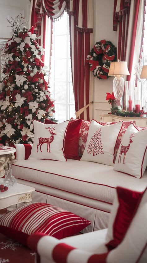 Learn how to style your home with these red and white Christmas decor ideas, including DIY crafts, table settings, and porch decorations. Red White Silver Christmas Decor, Living Room Xmas Decor Ideas, Christmas Deocr, Colourful Pillows, Glam Holiday Decor, Red And White Christmas Decor, White Christmas Decor Ideas, Crafts Table, Pretty Christmas Decorations