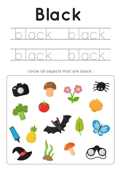 Learning black color for preschool kids. Writing practice. Color For Preschool, Kids Writing Practice, Writing Practice For Kids, Spelling Games For Kids, Learning Colors For Kids, Educational Games For Preschoolers, Preschool Color Activities, Color Worksheets For Preschool, Kids Handwriting Practice