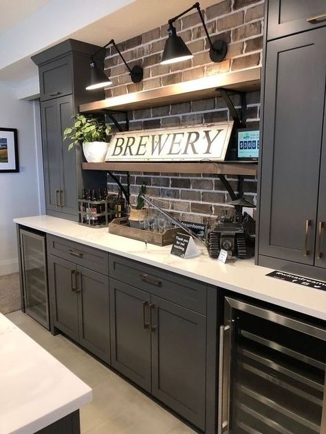 Basement Bar Designs Farmhouse, Modern Rustic Basement Bar, Manly Kitchen Ideas, Black Light Switches In House, Modern Farmhouse Basement Bar, Klearvue Kitchen, Basement Music Room Ideas, Gameroom Bars, Bar In Basement Ideas