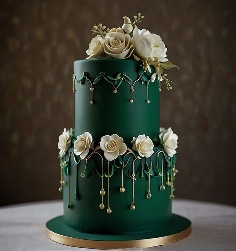 80 Breathtaking Wedding Cake Designs In All Colors Emerald Green Wedding Cake Ideas, Big Cake Design, Wedding Cake Designs Green, Emerald And Gold Cake, Emerald Green Cakes, Emerald Green Cake Ideas, Dark Green Wedding Cake, Wedding Cake Green Gold, Green Cake Ideas