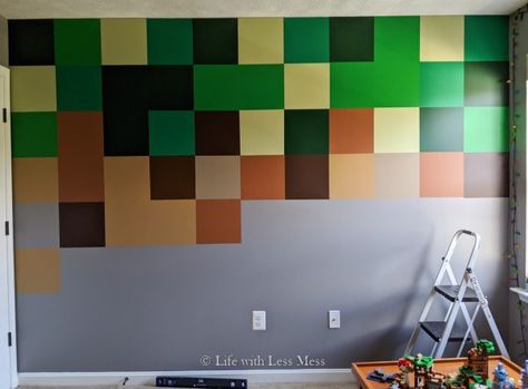 This Minecraft Wall was created with removable vinyl squares in different colors and cost about $60. Minecraft Accent Wall, Mincraft Rooms, Boys Minecraft Bedroom, Boys Room Colors, Minecraft Room Decor, Minecraft Bedroom Decor, Minecraft Wall, Kid Bedrooms, Bedroom Tour