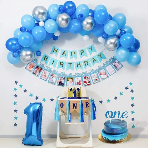 BLUE Party Supplies for ONE Highchair Banner Decorations,Royal Prince Crown,Happy Birthday Banner,12 Months Photo Banner,Blue silver Balloon Garland kit,ONE Cake Topper. 1st Birthday Decorations Boy, First Birthday Balloons, Birthday Decorations At Home, Birthday Room Decorations, Baby Birthday Decorations, Boy Birthday Decorations, Simple Birthday Decorations, Fotografi Iphone, First Birthday Party Decorations