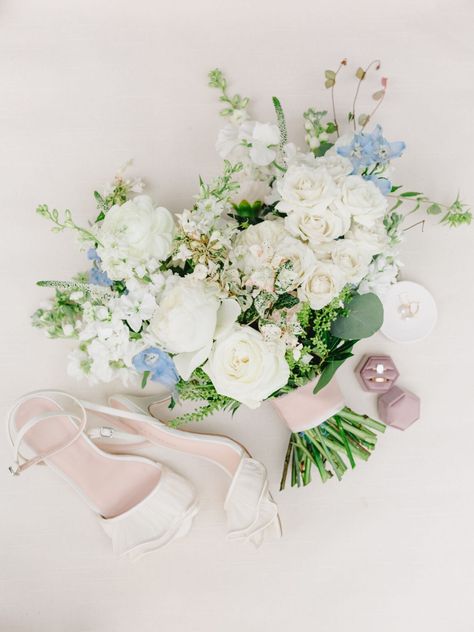 Summer Wedding Bouquet in in white and pale blue | Favorite Floral Moments from 2023 | goldandbloom.com Small Blue Bridal Bouquet, Blue And White Bridesmaid Bouquet, Pale Blue Wedding Theme, Josie Wedding, Blue Bouquets, Blue Bridal Bouquet, Wedding Bali, Pale Blue Wedding, Blue Hydrangea Wedding