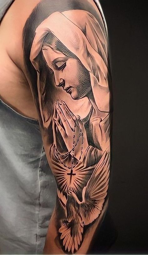 60+ Virgin Mary tattoo ideas: designs on different parts of the body in various styles with pain evaluation. Bonus: a detailed explanation of the meanings. St Mary Tattoo, Jesus Tattoo Sleeve, Christus Tattoo, Mother Mary Tattoos, Mens Body Tattoos, Michael Tattoo, Tato Salib, Tato Flash, Catholic Tattoos