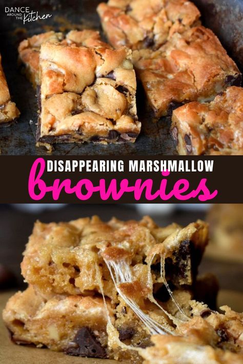 Disappearing Marshmallow Brownies, Marshmallow Bars Recipes, Marshmallow Deserts Recipe, Brownie Marshmallow Bars, Marshmallow Uses, Marshmallow Deserts, Marshmallow Blondies, Brownies With Marshmallow, Recipes Using Marshmallows