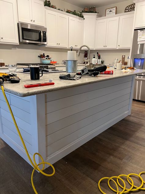 Nail the Look: DIY Shiplap Kitchen Island Tutorial & Tips. This shiplap kitchen island makeover made a huge difference in this kitchen. Not only did the shiplap look bring out the kitchen island as a centerpiece, the dark accent color added so much dimension. It's a DIY home decor idea that I'm pleased to share with you! Follow my kitchen makeover here #kitchen #kitchenmakeover #DIYmakeover #DIYkitchen #kitchenisland Shiplap Kitchen Island, Shiplap Bar, Kitchen Island Trim, Kitchen Makeover On A Budget, Island Makeover, Kitchen Island Makeover, Shiplap Kitchen, Beach Kitchens, Diy Shiplap