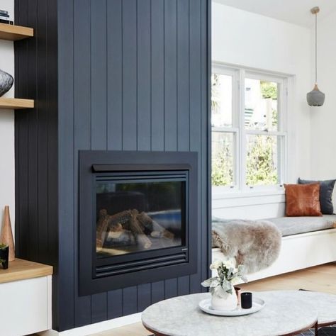 Vertical navy ship lap and a bench seat with fur. What else could one need? I love @officialmetrie pre fab shiplap, its crisp and clean and… Shiplap Fireplace, Design Blogs, Home Fireplace, Home Inspiration, Living Room With Fireplace, Fireplace Design, Living Room Inspo, Fireplace Surrounds, Lounge Room