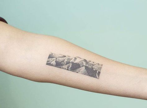 Hand-poked style rectangular mountains landscape tattoo on the inner forearm Argentina Tattoo, Mountain Range Tattoo, Tattoo Black And White, Tiny Tattoos For Women, Mountain Tattoo Design, Inner Forearm Tattoo, Tattoo Process, Cool Arm Tattoos, Landscape Tattoo