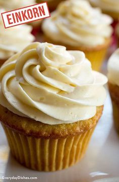 einkorn yellow cupcakes with vanilla frosting Eggnog Cupcakes, Einkorn Recipes, Shugary Sweets, Eggnog Recipe, Salty Cake, Everyday Dishes, Cupcakes Recipe, Bratwurst, Savoury Cake