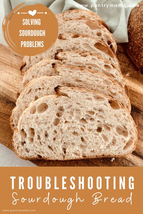 Troubleshooting sourdough bread problems - comprehensive guide to solving sourdough bread issues like a gummy crumb, pale crust etc. The Pantry Mama, Bread Tips, Pantry Mama, Types Of Bellies, Fermented Bread, Making Sourdough Bread, Chewy Bread, Sourdough Starter Discard Recipe, Homemade Sourdough Bread