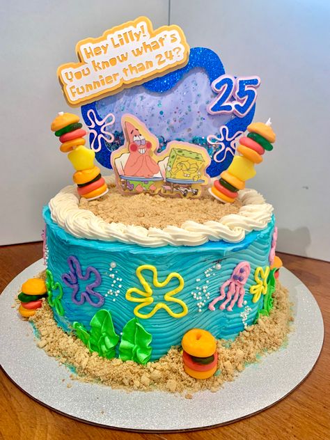 Spongebob Cakes 25, Round Spongebob Cake, Spongebob Buttercream Cake, Spongebob 21st Birthday Cake, Sponge Bob 25 Birthday Cake, Diy Spongebob Cake, Sponge Bob Cakes, Spongebob Cake 25, Sponge Bob Cake Ideas