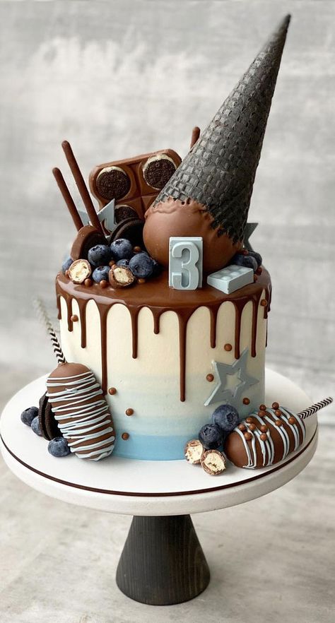 Chocolate Theme Cake, Grey Cake Ideas, Light Blue Birthday Cake, 1st Birthday Cake Boy, Chocolate Drip Cake Birthday, Purple Icing, Birthday Cake Images, Grey Cake, 72nd Birthday