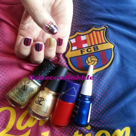 With all due respect to Real Madrid Fans, I'm with FC Barcelona and I wanted to support them MY OWN WAY... FC Barcelona Nails using Alma #50, Flormar #433, Glane #38 and Swell Glitter Polish (with no name or number) Barcelona Nails, Barcelona Quotes, Fc Barcelona Team, Soccer Nails, Barcelona Cake, Fc Barcelona Logo, Fc Barcelona Players, Fc Barcelona Wallpapers, Glitter Polish