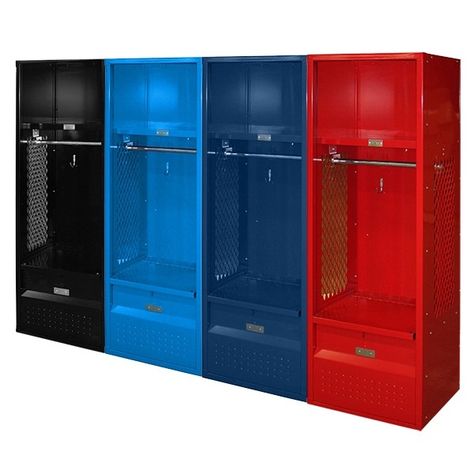 Kids Sports Stadium Lockers Main Locker Room Bedroom, Diy Lockers, Hockey Storage, Football Room, Kids Locker, Sports Bedroom, Sports Locker, Vintage Lockers, Locker Accessories