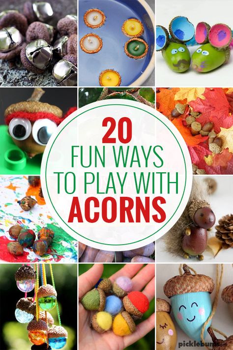 Fun Ways to Play with Acorns - Picklebums Acorn Cap Crafts Diy, Crafts With Acorn Tops, Fall Crafts With Acorns, How To Make Acorn Figures, Acorn Kids Crafts, Acorn Activities For Kids, Bur Oak Acorn Crafts, Crafts With Acorns For Kids, Acorn Projects For Kids