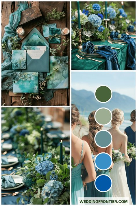 Dreaming of a wedding that's both elegant and enchanting? A blue and green theme might just be what you're looking for. These colors combine the calmness of Royal Blue And Olive Green Wedding, Royal Blue Emerald Green Wedding, Blue Green Cream Wedding, Wedding Color Earth Tones, Blue Green Wedding Palette, Natural Wedding Theme Color Palettes, Emerald Green And Blue Wedding Theme, Emerald Green And Royal Blue Wedding, Ocean Wedding Colors