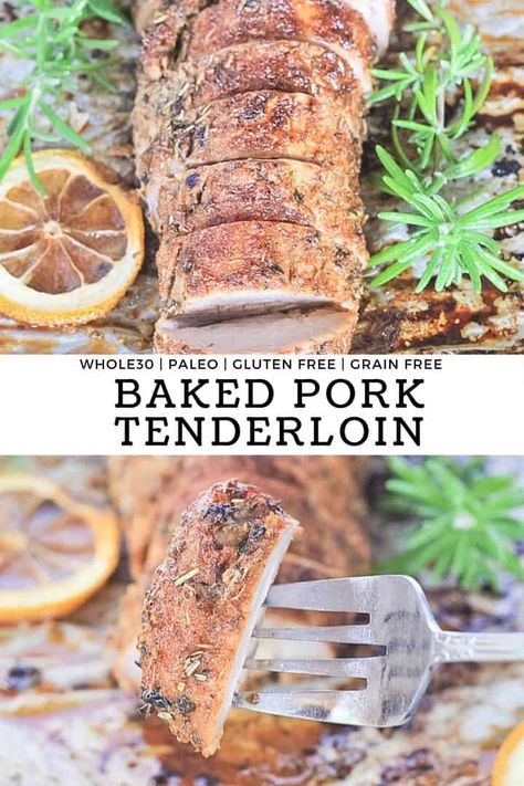 Baked Pork Tenderloin - Moist, juicy and full of flavor! This easy healthy sheet pan protein comes in clutch for busy family dinners! #finishedwithsalt #porktenderloin #sheetpan #dinner #easy #family #whole30 #healthy | finishedwithsalt.com Paleo Pork Recipes, Healthy Sheet Pan, Healthy Pork Recipes, Baked Pork Tenderloin, Paleo Pork, Healthy Pork, Tenderloin Recipes, Carnivore Diet, Baked Pork