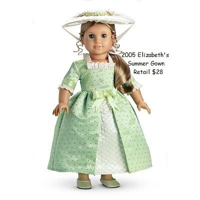 American Girl Doll Elizabeth's Summer Gown American Girl Felicity, Summer Gowns, American Girl Crafts, Elizabeth Cole, American Doll Clothes, Ag Doll Clothes, American Girl Clothes, Outfits With Hats, Girl Doll Clothes