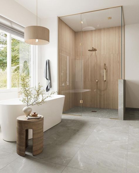 Edward Martin | Talk about a master bath! This one took neutrals to another level. The wood-look tile shower, marble-look floor, and elongated subway tile... | Instagram Large Tile Bathroom Shower Ideas, Shower Ideas Bathroom, Wood Tile Shower, Bathroom Vibes, Bullnose Tile, Matte Ceramic, Master Bath Remodel, Bathroom Spa, Bathroom Inspiration Decor