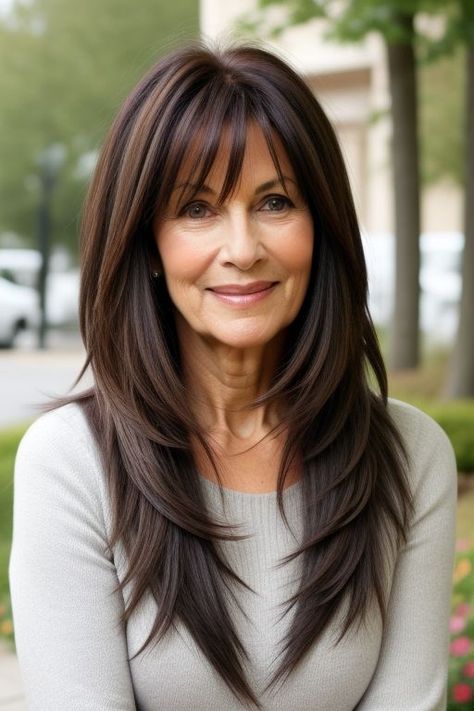 29  Long Hairstyles for Older Women Over 50 15 Long Hair Styles For 50+ Women With Bangs, Hairstyles With Layers And Bangs, Long Feathered Hairstyles, Medium Length Hair Styles With Bangs, Medium Length Hair With Layers And Bangs, Long Hair Over 50 Older Women, 2024 Haircut, Bar Advertising, Hairstyle For Chubby Face