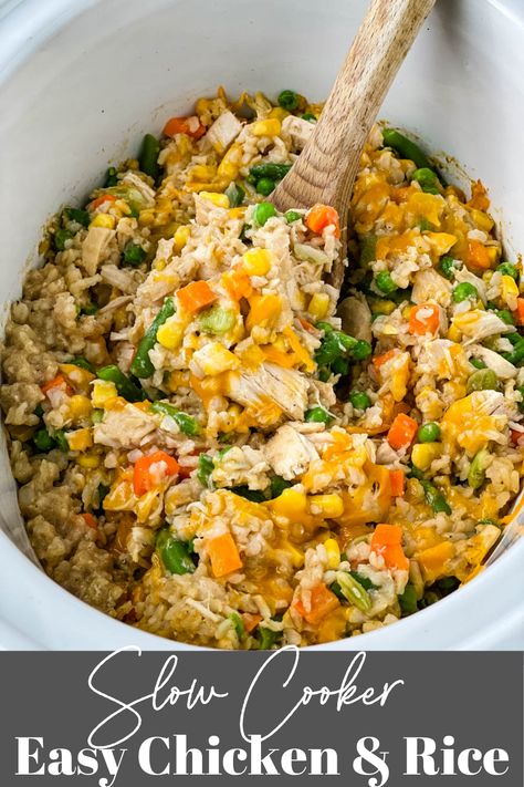 This Crockpot Chicken and Rice is the perfect one-pot meal for weeknight dinners. Simply dump your ingredients in the slow cooker and let it do the work. This dish has chicken, brown rice, veggies, and cheese. Chicken And White Rice Recipes, Chicken And White Rice, Cheesy Crockpot Chicken, Slow Cooker Chicken Rice, Crockpot Rice Recipes, Crockpot Chicken And Rice, Southern Soul Food Recipes, Chicken And Rice Crockpot, Crockpot Veggies