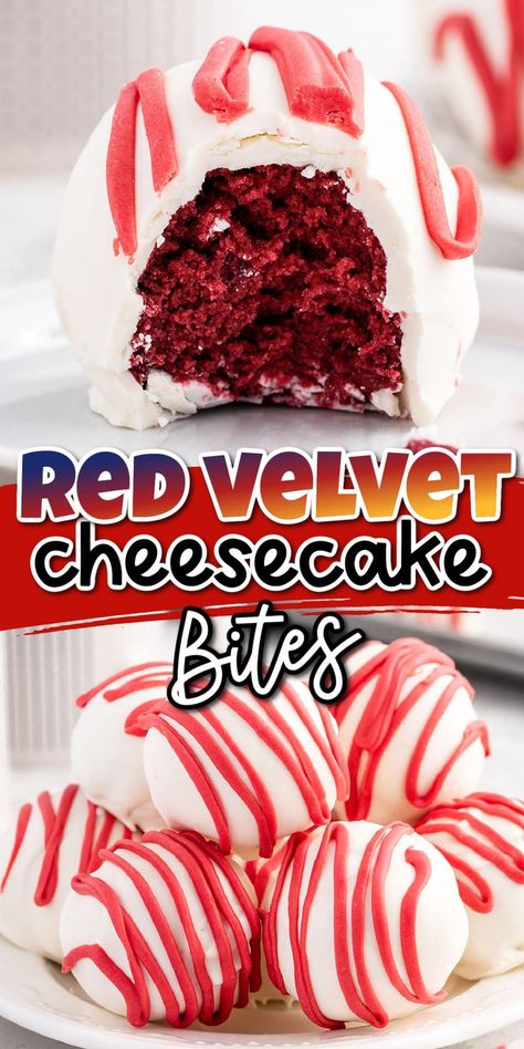 This no-bake Red Velvet Cheesecake Bites recipe is a quick and easy way to make delicious bite-sized balls using only a box of cake mix and cream cheese. These mini desserts are covered in a white chocolate coating, with a pretty red drizzle so they’re extra sweet and special. Cake Ball Recipe With Box Cake, No Bake Cheesecake Cake Pops, No Bake Cake Bites, Valentines Truffles Recipes, Desserts For Gifting, Christmas Cake Balls Ideas, Valentine's Desserts Easy, Red Desserts Ideas, Ball Dessert Recipes