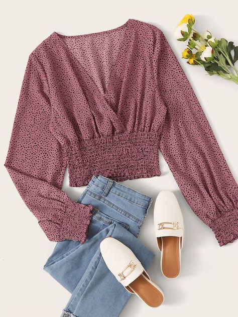 Dusty Pink Casual Long Sleeve Polyester All Over Print Top Embellished Non-Stretch Spring/Fall Women Tops, Blouses & Tee Áo Crop Top, Top Shein, Ootd Ideas, Trendy Fashion Tops, Mode Hijab, Girls Fashion Clothes, Mode Inspiration, Sewing Clothes, Fashion Tops