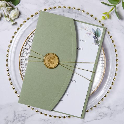 PRICES MAY VARY. 1. Package Included: 20 sage green wrap invitation pockets, 20 blank white printable cards, 20 gold wax seals, 20 white envelopes, 20 gold ribbons. 2. Material of Wrap Pocket: Made from thick paper for a classic elegant-look that will impress your guests. 3. Size of Invitation Pocket: Our laser cut wedding invitation pocket is 5.1x7.2", providing ample space for 5x7 invitation cards, RSVP cards, and 4x6 Details cards. 4. Easy to Print: Use a laser printer, ink printer or profess Wedding Invitations Garden Theme, Quince Invitations Emerald Green, Gold And Green Wedding Invitations, Wedding Invitations Minimal, Invitation Envelope Ideas, Green And Gold Invitations, Emerald Green Wedding Invitations, Invitation Card Design Birthday, Green Brown Wedding