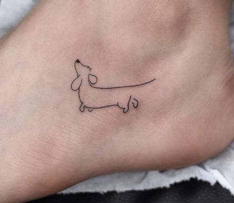 Tiny Dachshund Tattoo, Dashund Tatoos, Small Weenie Dog Tattoos, Dachshund Tattoo Simple, Weiner Dog Tats, Daschund Tattoo Minimalist, Dauchsands Tattoo, Weenie Dog Tattoo, Sausage Dog Tattoo