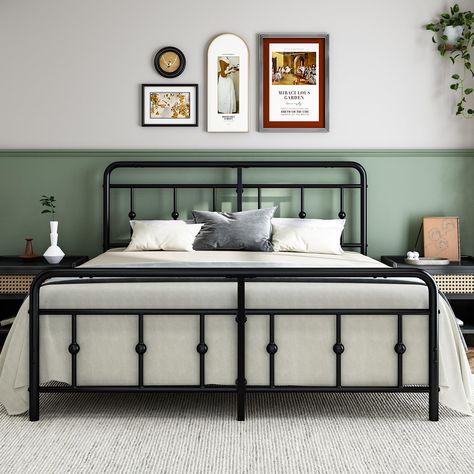 PRICES MAY VARY. 【Victorian & Classic Style】: The black metal bed frame king features a classic victorian style, complete with a vintage design headboard. The king bed frame is suitable for any decor. 【Sturdy & Noise Free】: The king metal bed frame is made of iron metal for load bearing capacity of 1000 lbs. The 12 metal slats is linked together in the most stable structure to reduce noise. Additional pads of each foot will reduce damage to the floor. 【Round Design】: To reduce your concerns abou King Size Metal Bed Frame, Backboards For Beds, Black Iron Beds, Queen Size Metal Bed Frame, King Metal Bed Frame, Wrought Iron Bed Frames, Vintage Headboard, Simple Bed Frame, Wrought Iron Beds