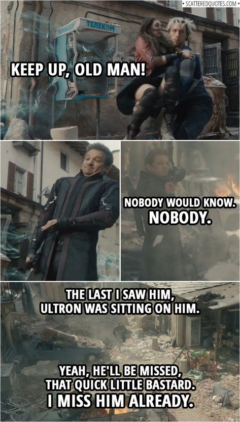 Quote from Avengers: Age of Ultron (2015) |  Pietro Maximoff: Keep up, old man! (takes Wanda and runs off) Clint Barton: Nobody would know. Nobody. "The last I saw him, an Ultron was sitting on him. Yeah, he'll be missed, that quick little bastard. I miss him already."  | #Marvel #Avengers #Hawkeye #Quicksilver #Quotes Avengers Humor, 2015 Quotes, Best Avenger, Avengers Quotes, Avengers Pictures, Superhero Memes, Avengers Cast, Avengers Age Of Ultron, Funny Marvel Memes