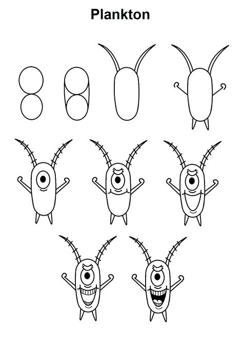 Step-by-step to draw Plankton from SpongeBob SquarePants. Easy Drawing Spongebob, Disney Drawings Easy Step By Step Cartoon Characters, Cartoon Drawings Disney Step By Step, Spongebob Drawings Step By Step, How To Draw Spongebob Characters Step By Step, Spongebob Doodles Easy, Drawing Spongebob Cartoon Characters, Easy Drawings Tutorial Step By Step, Cartoon Characters Drawing Step By Step