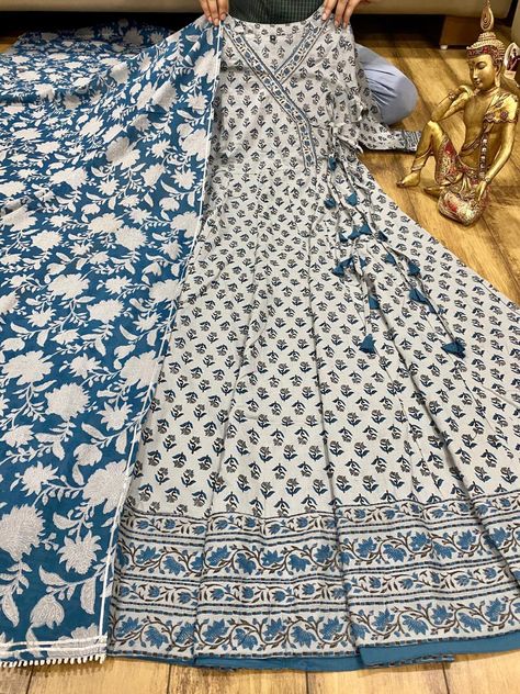 NP Angrakha Kurti Premium cotton angrakha gown with beautiful Block print & tassels . With Dupatta all liquid Zari Size - 38/ 40/ 42/ 44 INR 1925/- +shipping #alankritaweboutique #epitomeofgrace #eleganceinethnics #womenwithclass #couture Order On 8898889404 Angrakha Gown, Black Velvet Blouse Design, Angrakha Kurti, Desinger Dresses, Anarkali Patterns, Printed Kurti Designs, White Anarkali, Long Blouse Designs, Sharara Designs