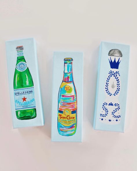 4x12” original hand painted bottle canvases! These make for perfect gifts! $45ea. Series includes: Topo Chico, Pellegrino, Veuve Clicquot, La Marca, Casa Azul, and Casamigos. 1-2 week turn around time, pick up in AU or Columbus or $10 shipping. Dorm Room Paintings, Bottle Paintings, Preppy Painting, Drink Painting, Preppy Art, Room Paintings, Sorority House, Hand Painted Bottles, Bar Cart Art