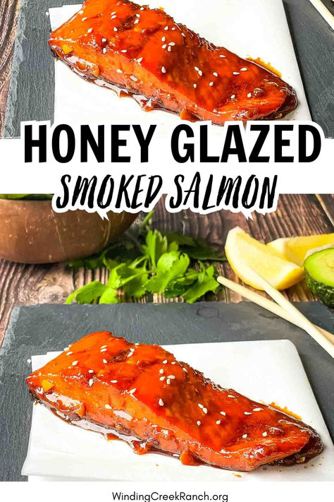 Easy-to-master honey glazed smoked salmon recipe topped with homemade honey glaze and garnished with sesame seeds on a serving platter. Honey Smoked Salmon, Smoked Salmon Recipe, Best Smoked Salmon, Pellet Smoker Recipes, Honey Glazed Salmon, Salmon Glaze Recipes, Honey Salmon, Smoked Salmon Recipes, Traeger Recipes