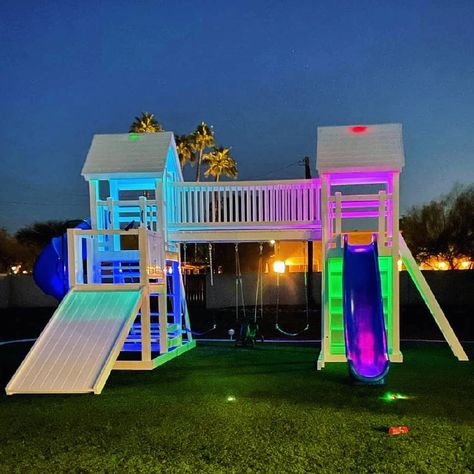 RuffHouse Playsets on Instagram: “LED light upgrade in full force to celebrate 2021!✨” White Playground, Backyard Play Spaces, Outdoor Kids Play Area, Playground Landscaping, Kids Backyard Playground, Play Area Backyard, Backyard Kids Play Area, Family Backyard, Backyard Swings